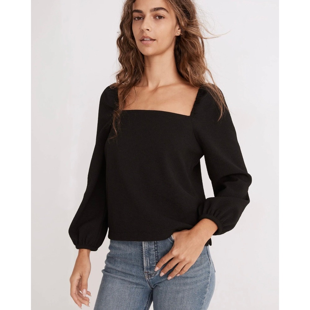Madewell‎ Crepe Square-Neck Puff-Sleeve Top Black Long Sleeve Romantic Womens XS